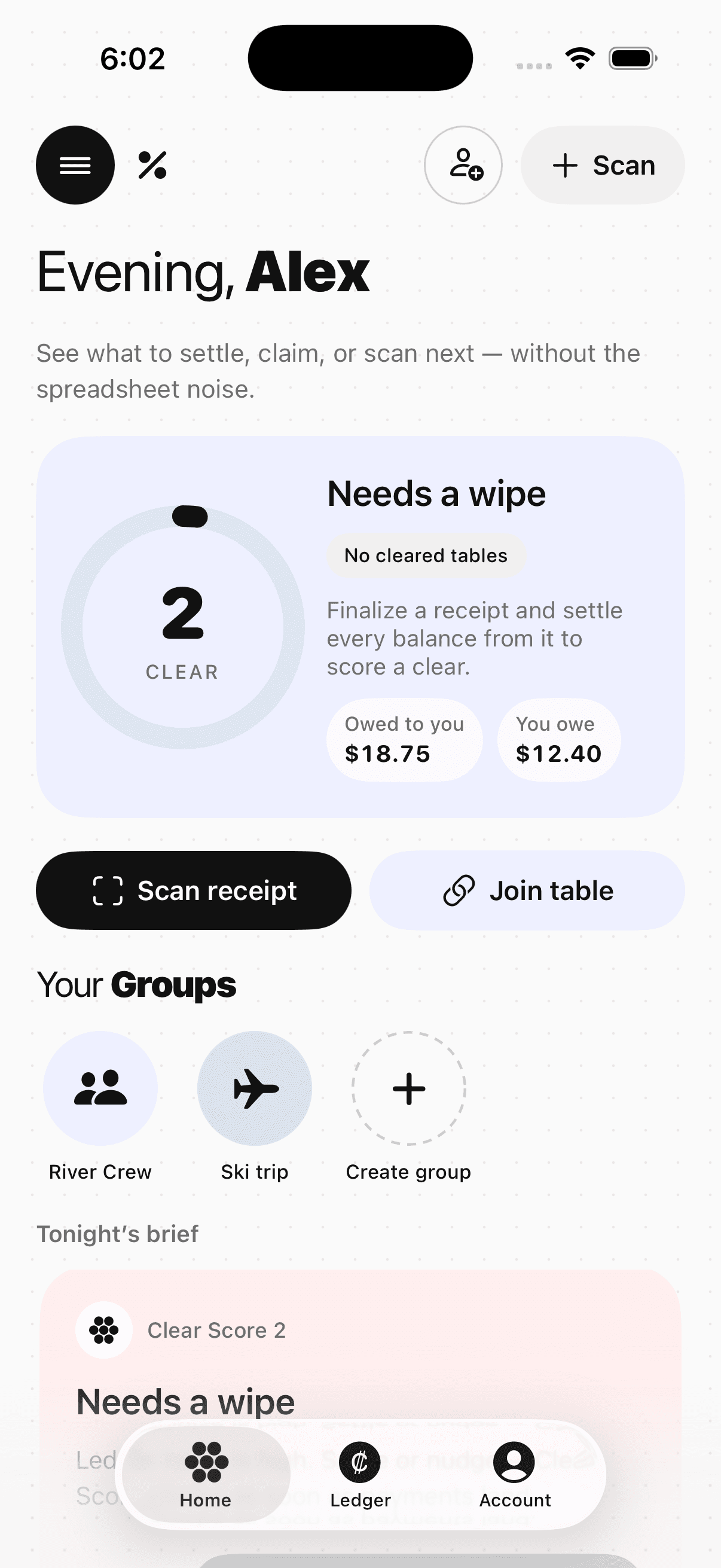 Dyvvy home dashboard with Clear Score and live tables